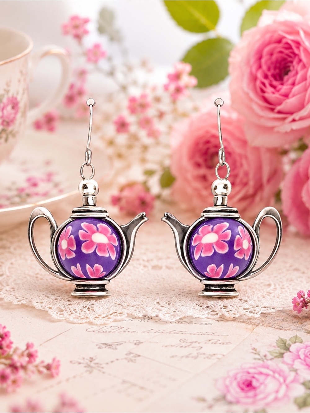 Floral Teapot Earrings, Purple Tea Lover Jewelry, Cottagecore Dangles